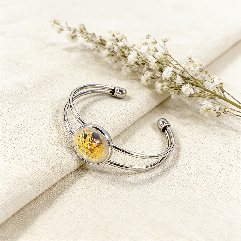 Women's Adjustable Open Bangle with Round Time Gemstone Inlay, Klimt Artwork Design